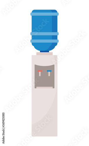 Water cooler flat vector icon. Gray water cooler with blue full bottle and cup on white background. Gray white plastic equipment for heating and cooling water in office. Refrigerant machine for water