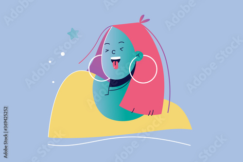 Emotion, fun, joy, face concept. Young hilarious joyful funny happy chherful woman or girl teenager character teasing showing sticking tongue out of mouth. Positive facial expression illustration.