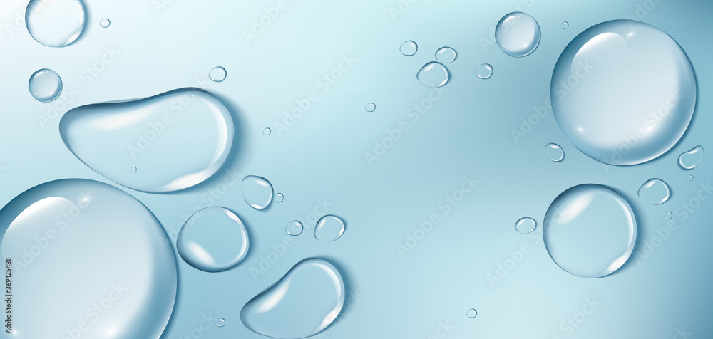 Big water drops on blue background. Aqua background