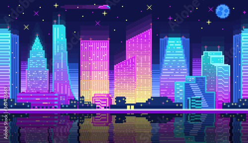 Night city landscape neon pixel background with hight buildings silhouette and stars. Pixelated night city landscape neon for game. 2d pixel video game nighttime with modern skyscrapers in city