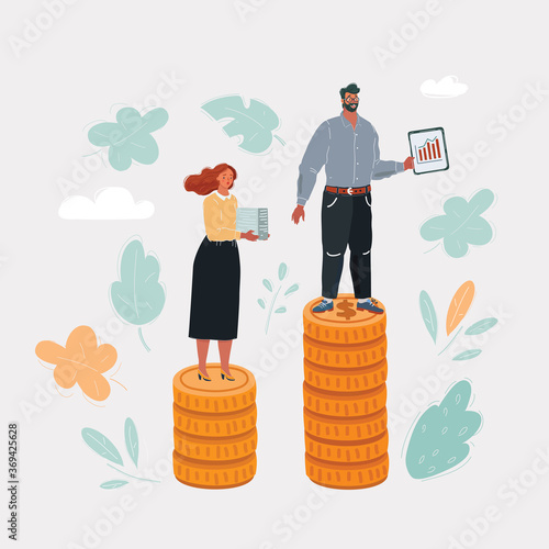 Vector illustration of Game figurines on stacks of euro coins, symbolizing the concept of unequal pay for women and men