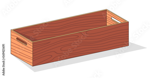 Wooden box for vegetables keeping and fruits vector illustration isolated on white background. Box package from plywood, wooden empty rectangular storage with cover from boards, open packaging crate