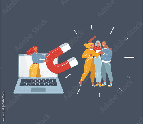 Vector illustration of Follow me concept. Attractive young woman holding magnet in her hands and attract followers on dark background.