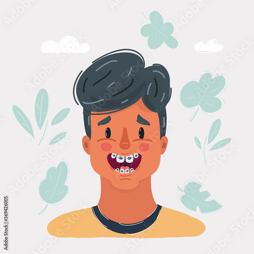 Vector illustration of boy smile with braces on teeth