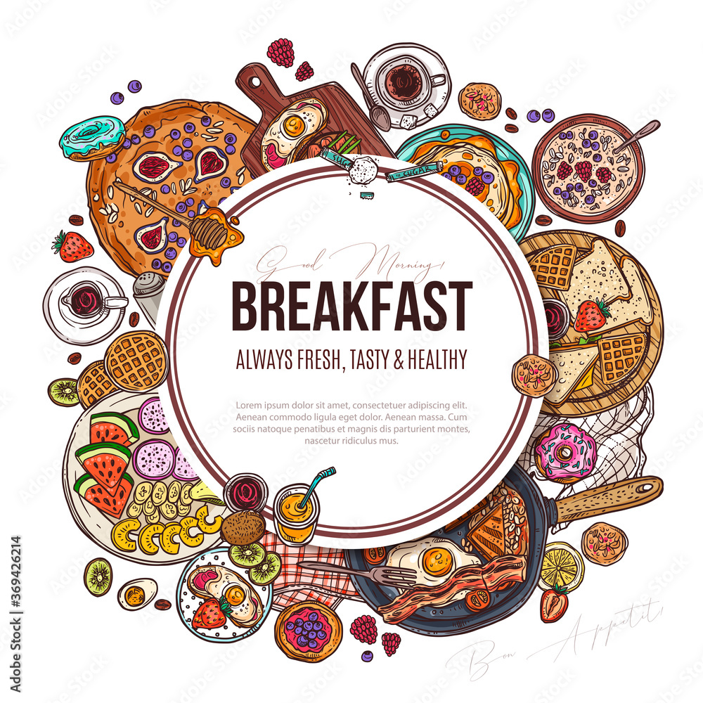 Healthy breakfast and brunches vector sketch background. Round or cyrcle banner with various top view dishes. Hand drawn illustrationn of finger food, snacks, starter, egg, fruits, coffee, oatmeal, de