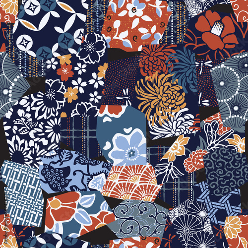 Traditional Japanese textile fabric patchwork wallpaper  abstract floral vector seamless pattern 
