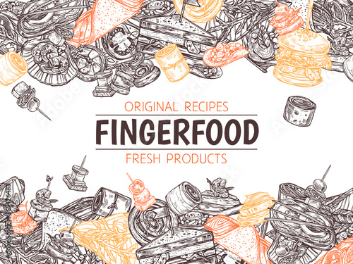 Poster with finger food background, template for menu, horizontal border. Snacks, appetizers, mini canapes, sandwiches, seafood, hamburger, rolls. Vector illustration in doodle hand drawn sketch style