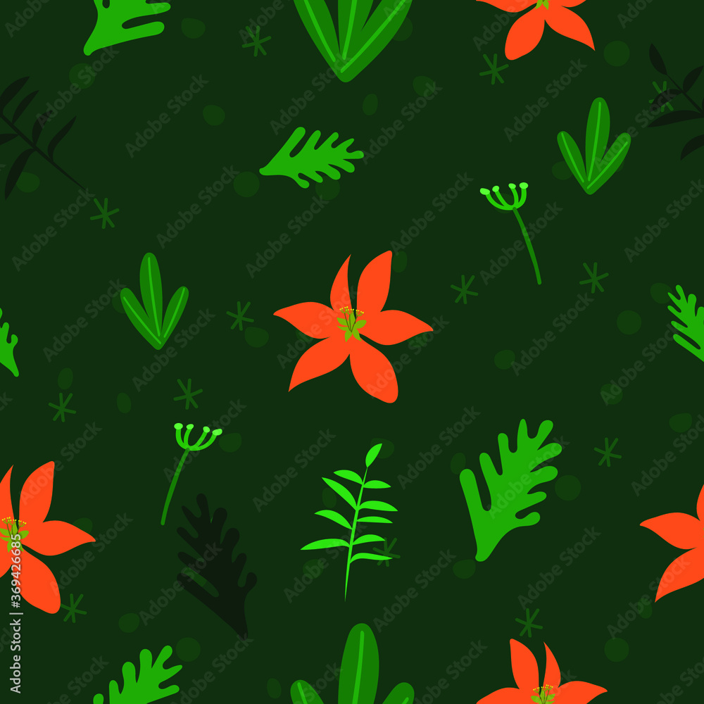 Beautiful bright flowers in dark jungle, seamless pattern, simple flat vector illustration