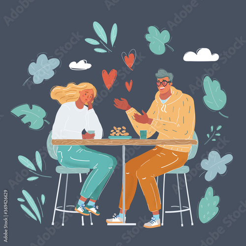 Vector illustration of lady being annoyed with her boyfriend talking in the middle of the date on dark background.