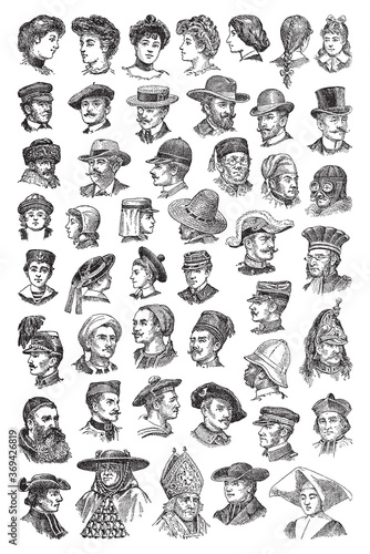 Old portraits, historical people with hat collection - vintage engraved vector illustration from Petit Larousse Illustré 1914
