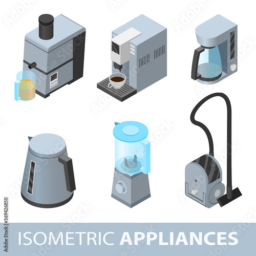Vector illustration of isometric appliances icon set. Juicer, coffee-maker, coffe-machine, electric kettle, blender and a vacuum cleaner.
