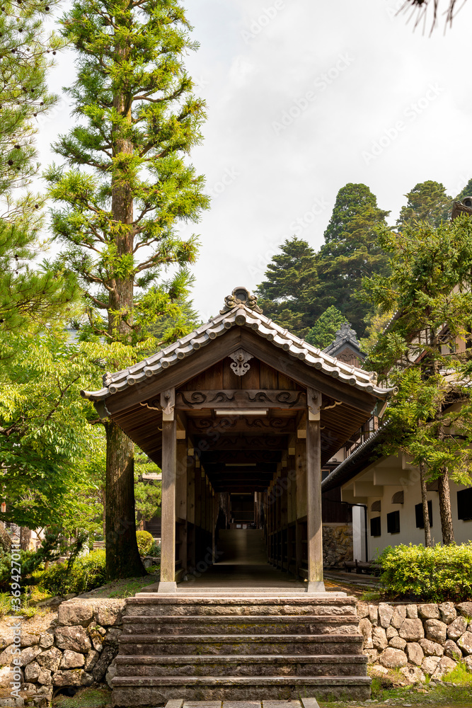 Entrance of cloister to the main building of Yotaku-ji temple in Sanda city, Hyogo, Japan