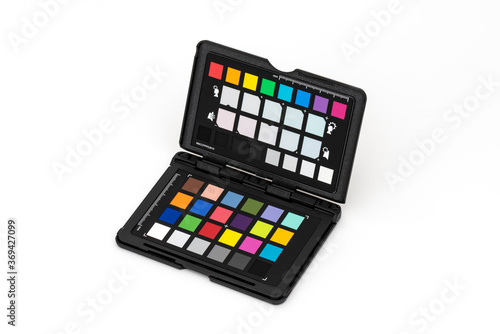 Close up view of color checker card equipment on the white background.