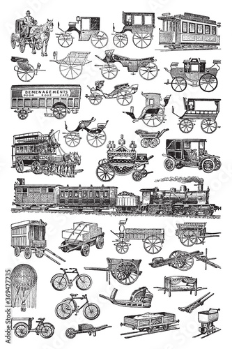 Old historical transport collection - vintage engraved vector illustration from Petit Larousse Illustré 1914