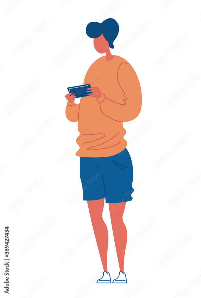 A man stands with a smartphone in his hands. Vector illustration of a guy in trendy multi-colored clothes.