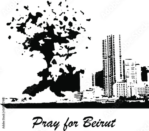 hand drawn vector illustration sign pray for Beirut city skyline Lebanon explosion tragedy black and white sketch doodle