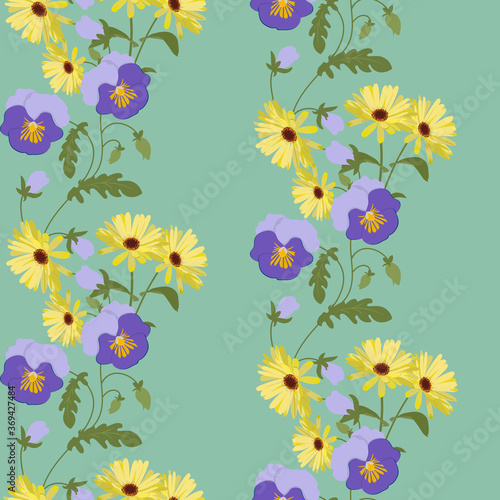 Seamless vector illustration with pansies and calendula.