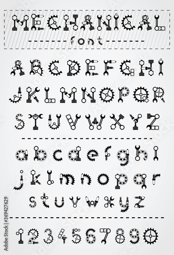 Mechanical black font. Vintage steampunk alphabet for logo and text.