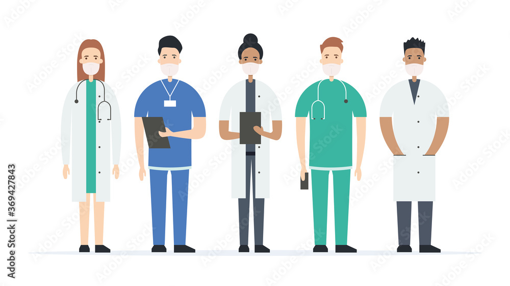 Multicultural group of doctors. Medical team. Hospital professionals. Flat style. Vecatorial illustration
Multicultural group of doctors. Medical team. Hospital professionals. Flat style. Vecatorial illustration