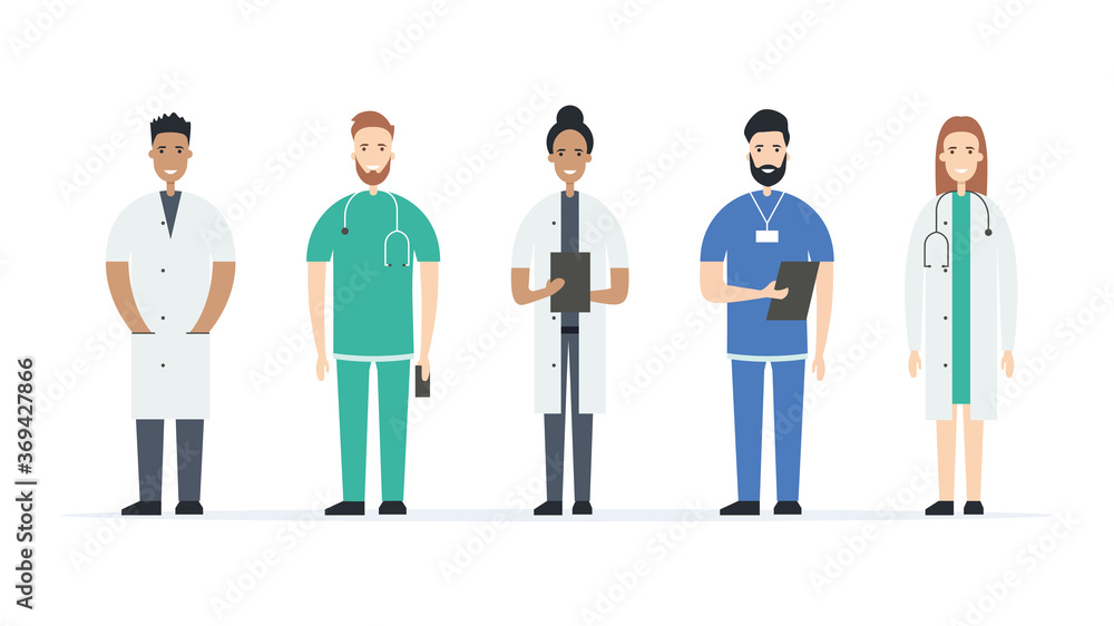 Multicultural group of doctors. Medical team. Hospital professionals. Flat style. Vecatorial illustration
Multicultural group of doctors. Medical team. Hospital professionals. Flat style. Vecatorial illustration