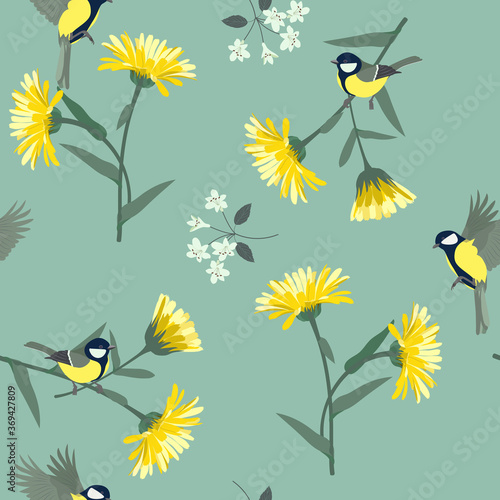 Seamless vector illustration with yellow gerberas and titmouse.