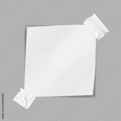 Duct taped empty white note paper sheet to post message, realistic mock-up. Blank announcement on bulletin board, vector mockup