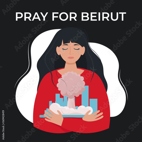 Sad crying woman holding Beirut city with explosion. Pray for Beirut concept. Vector illustration in flat style