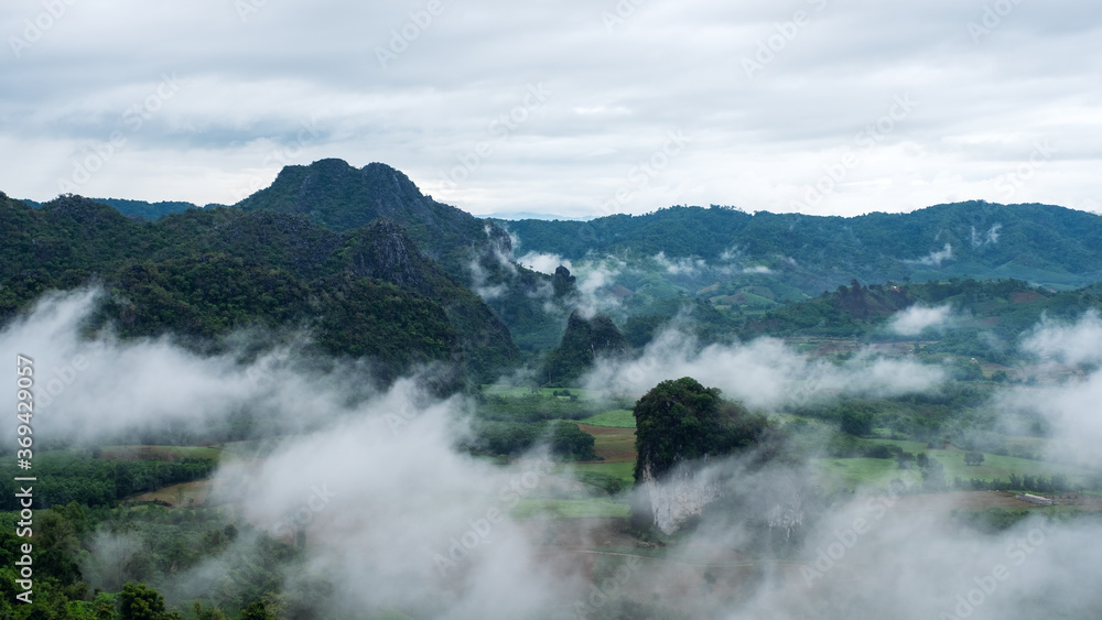 Obraz premium Landscape image of foggy greenery rainforest mountains and hills