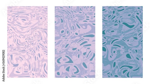 Art background abstract fluid set. Dynamical purple pink rippled surface, illusion, curvature. Sea pebbles on the beach