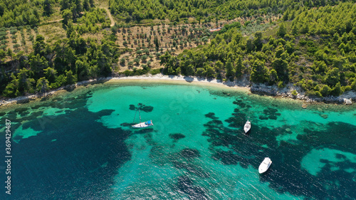 Aerial drone panoramic photo of paradise beach of Tzortzi gialos with crystal clear turquoise sea  Alonissos island  Sporades  Greece 