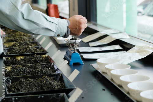 The tea tasting process in the lab. Grading from the colour, texture, aroma and also the taste of the tea.