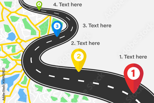 Presentation template with a road and four map pins. City road with a points. Marked spots. Checkpoints.