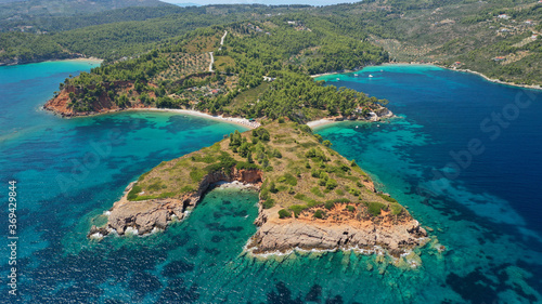 Fototapeta Naklejka Na Ścianę i Meble -  Aerial drone panoramic photo of paradise beaches in Kokinokastro with crystal clear turquoise sea, Alonissos island, Sporades, Greece 