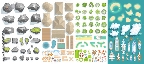 Summer vacation. Tropical islands. (top view) Bungalows, Islands, yachts, palm trees, furniture, rocks. (view from above)
