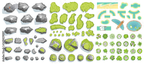 Set of landscape elements. (Top view) Mountains, hills, rocks, stones, trees, plants, beach, pond, river. (View from above) 