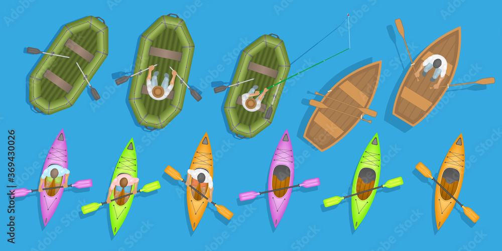 Vector set. Boats. Top view. Wooden boat, rubber boat, kayak. View from  above. Stock Vector | Adobe Stock