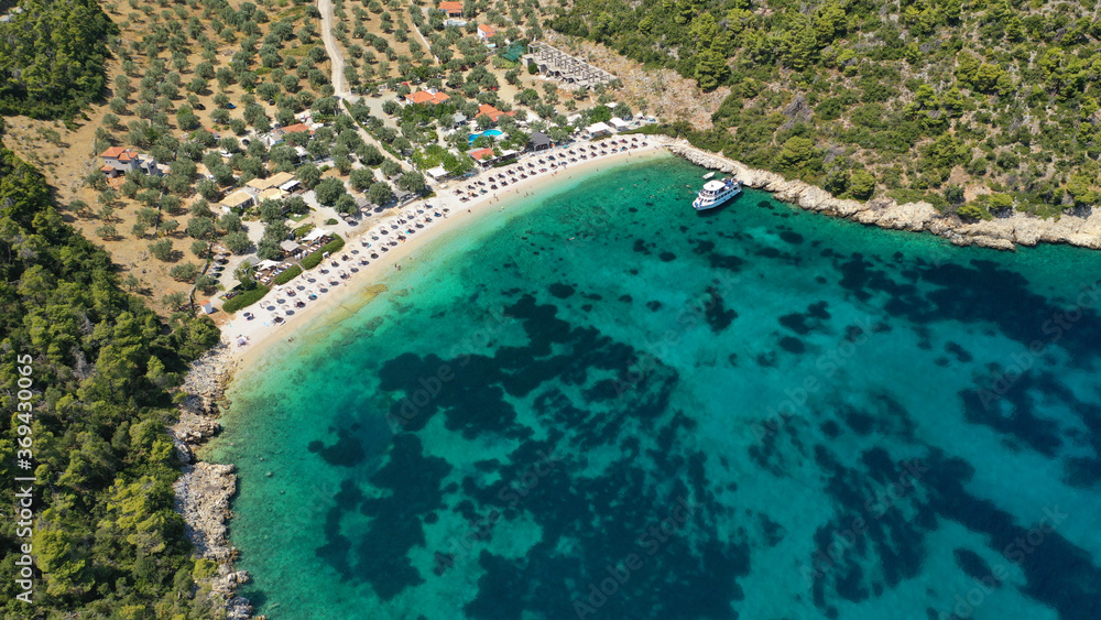 Aerial drone photo of exotic paradise sandy bay and beach of Leftos Gialos in island of Alonissos, Sporades, Greece