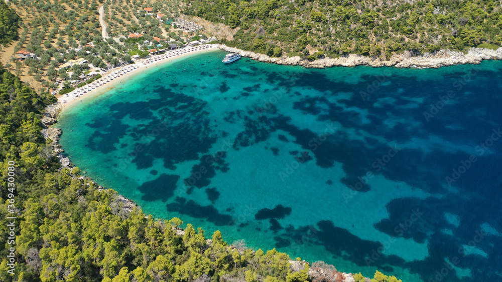 Aerial photo taken by drone of Caribbean tropical exotic island lagoon with turquoise clear sea sandy beaches and rare pine trees