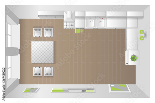 Kitchen. Top view.
Kitchen table and chairs, stove, sink, cupboards, fridge. 
View from above.
