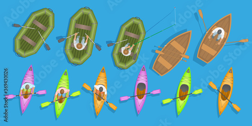 Vector set. Boats. Top view. Wooden boat, rubber boat, kayak. View from above.
