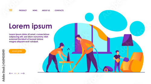 Happy family housekeeping together flat vector illustration. Daughter, mother and father working for household and clean home. Housekeeping and house concept