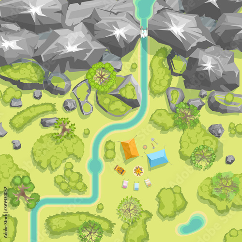 Landscape and tourist camp. (Top view)
Mountains, hills, waterfall, trees, tents. (View from above)