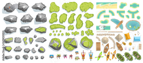 Set of elements for the tourist map. (Top view) Mountains, hills, rocks, stones, trees, plants, beach, pond, river, boats, tents, tourists. (View from above) 