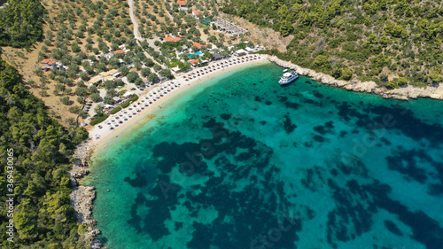 Aerial drone photo of exotic paradise sandy bay and beach of Leftos Gialos in island of Alonissos  Sporades  Greece
