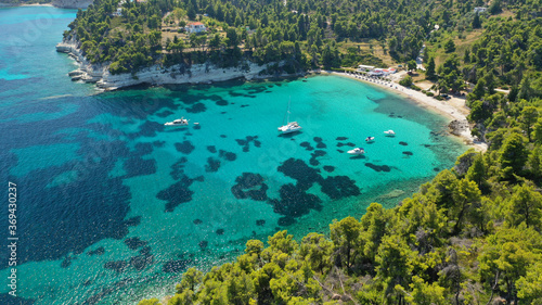 Fototapeta Naklejka Na Ścianę i Meble -  Aerial drone photo of Chrysi Milia sandy beach with crystal clear turquoise sea, Alonissos island, Sporades, Greece 