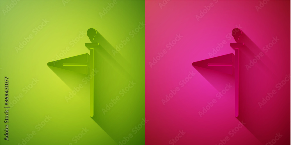 Paper cut Medieval flag icon isolated on green and pink background. Country, state, or territory ruled by a king or queen. Paper art style. Vector. Paper cut Medieval flag icon isolated on green and pink background. Country, state, or territory ruled by a king or queen. Paper art style. Vector.