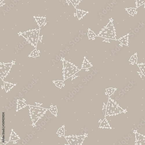 Seamless xmas tree winter holiday background. Fir sprig spruce monochrome pattern texture. Scandi festive christmas motif background. Stylish modern seasonal gift wrapping paper.