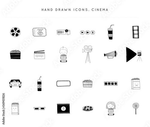 Set of vector hand drawn icons. Cinema isolated objects, cinematography illustrations and logo elements.