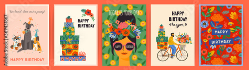 Happy Birthday. Vector set of cute illustrations. Design templates