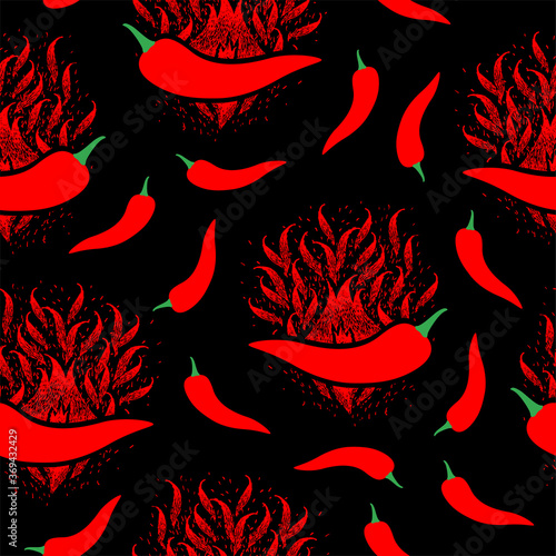 seamless pattern, red hot peppers on a black background. spicy pepper. pepper on fire, flame.